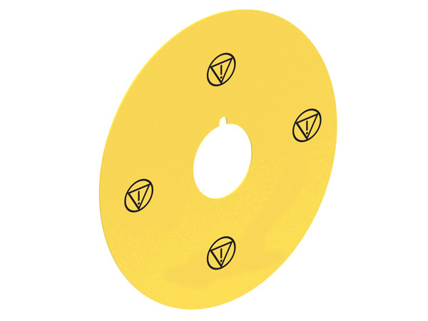 YELLOW LEGEND DISK 90mm W/ISO 13850 EMERGENCY SYMBOL