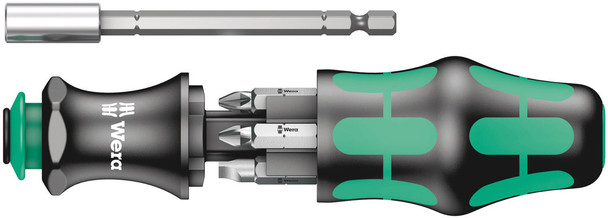 Kraftform holder with anti-roll feature, multi-component, bayonet blade and bit magazine