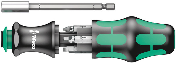 Kraftform holder with anti-roll feature, multi-component, bayonet blade and bit magazine