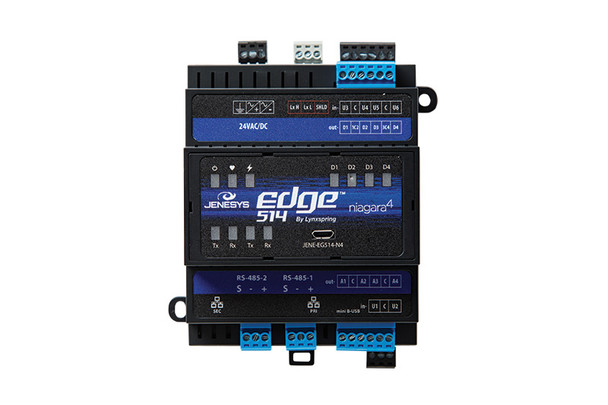 The EDGE 514 Controller, includes Niagara Framework, 512MB RAM, 4GB Flash, one 10/100 Mb Ethernet port, two RS-485 serial ports,  two RJ45 IP ports, a Mini-B USB and a Micro USB connectors.  Standard features include Niagara station with 300 point Global Capacity & 300 point Proprietary Driver Capacity (onyxxDriver) and 6 devices.  Standard drivers include Niagara Network (Fox), BACnet, Modbus, Web and Obix. The JENE-EG514 is designed with a real-time-clock and DIN rail mounting.  Includes Niagara release 4.2.36.  Each Module includes 14 IO points: 6 Universal Inputs, 4 Digital Outputs and 4 Analog Outputs.