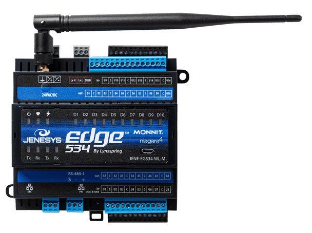 The EDGE 534 Controller, includes Niagara Framework, 512MB RAM, 4GB Flash, one 10/100 Mb Ethernet port, two RS-485 serial ports,  two RJ45 IP ports, a Mini-B USB and a Micro USB connectors.  Standard features include Niagara station with 100 point Global Capacity & 100 point Proprietary Driver Capacity (onyxxDriver) and 5 devices.  Standard drivers include Niagara Network (Fox), BACnet, Modbus, Web and Obix. The JENE-EG534 is designed with a real-time-clock and DIN rail mounting.  Includes Niagara release 4.2.36.  Each Module includes 34 IO points: 16 Universal Inputs, 10 Digital Outputs and 8 Analog Outputs.