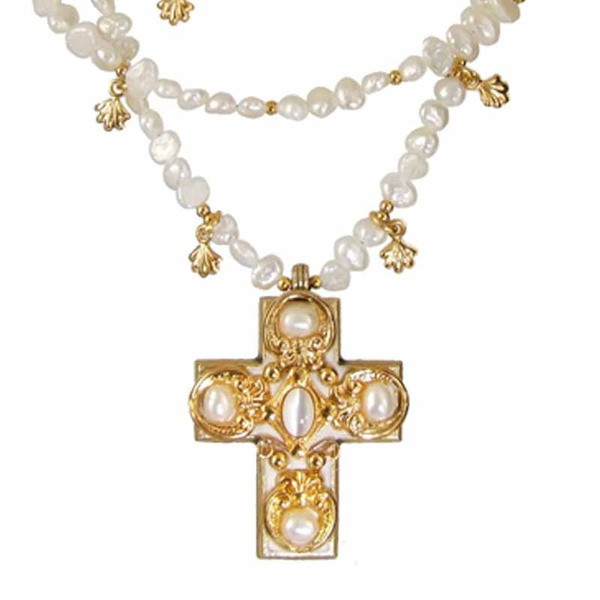 Pearl Long Beaded Necklace w/ Antique Gold Cross