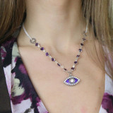 Michal Golan Deep Purple Evil Eye Necklace on Crystal Chain