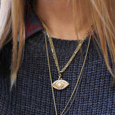 Evil Eye Necklace - Gold, Medium Eye With Crystal Edges & Center