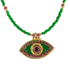 Evil Eye Necklace - Dark Green, Medium Eye With Pink Crystals