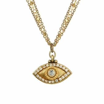 Evil Eye Necklace - Gold, Medium Eye With Crystal Edges & Center