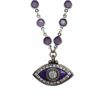 Michal Golan Deep Purple Evil Eye Necklace on Crystal Chain