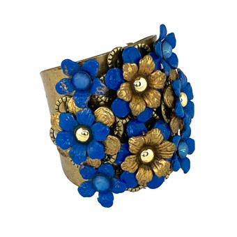 Michal Negrin 3 Raws Flower Golden Blue Adjustable Ring