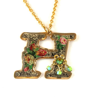 Michal Negrin Victorian Initial H 24K Gold Plated Swarovski Crystals Necklace