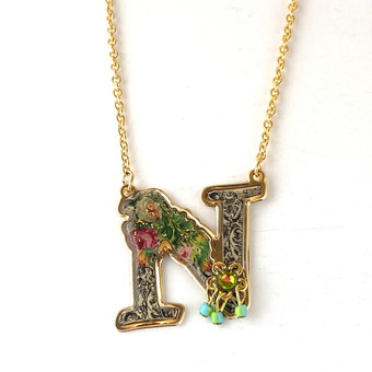 Michal Negrin Victorian Initial N 24K Gold Plated Swarovski Crystals Necklace