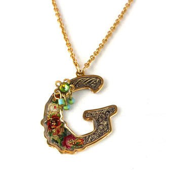 Michal Negrin Victorian Initial G 24K Gold Plated Swarovski Crystals Necklace