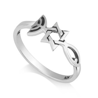 Silver Ring with Messianic menorah Star of David and Fish