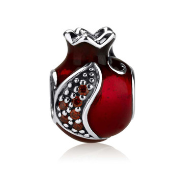 Polished Silver Pomegranate Charm with Red Garnet Stone