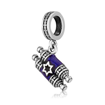 Silver Mezuzah Scroll Shape Pendant Charm with Blue Enamel