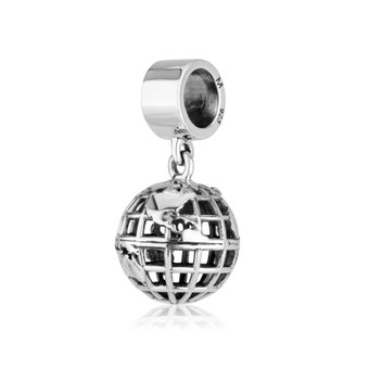 Sterling Silver hang bead charm Globe of the World with Prayer