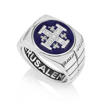 Mens Blue Enamel Jerusalem Engraved Cross Silver Ring