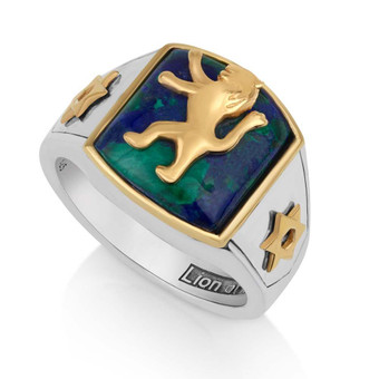 Mens Ring with Azurite Stone and Gold Plated Lion Judah