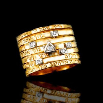 Kabbalah Jewelry Ring Seven Blessings, Gold And Diamonds