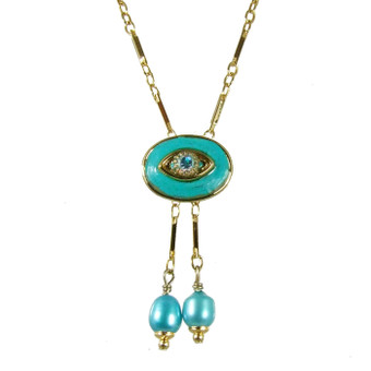 Evil Eye Necklace - Michal Golan Small, Turquoise, Oval With Crystal & Two Pearl Dangles On Single Chain