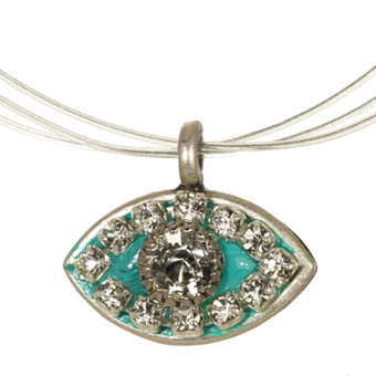 Evil Eye Necklace - Michal Golan Medium, Blue Green Eye With Clear Crystal Center And Edges On Wire Chain