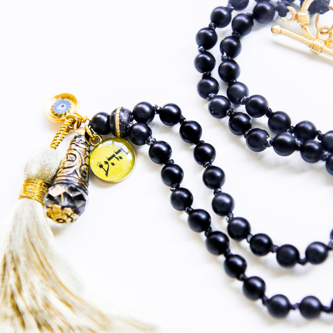 7Stitches Ebony Wood with cream tassel and Crystal Kabbalah Necklace