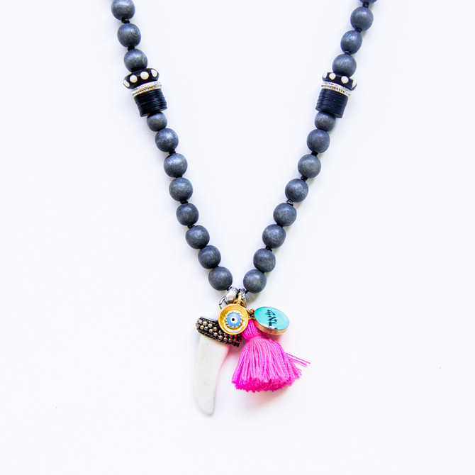 7Stitches Gray Wood and Bone with Pink Tassel