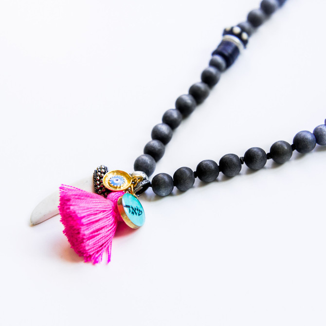7Stitches Gray Wood and Bone with Pink Tassel