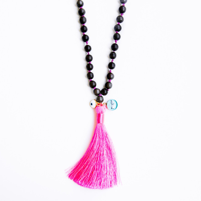 7Stitches Dark Gray wood Mala with Pink Tassel