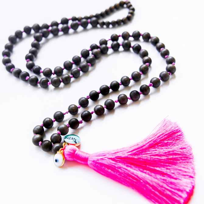 7Stitches Dark Gray wood Mala with Pink Tassel