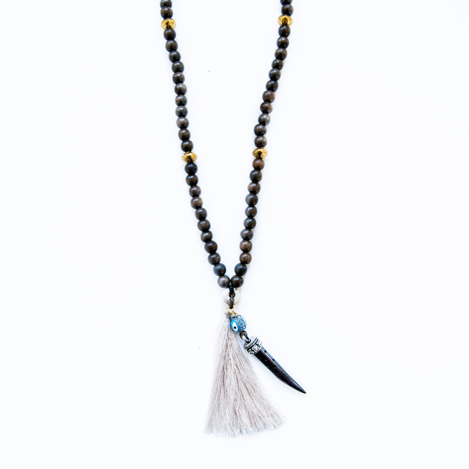 7Stitches Dark Gray wood Mala with Bone Colored Tassel