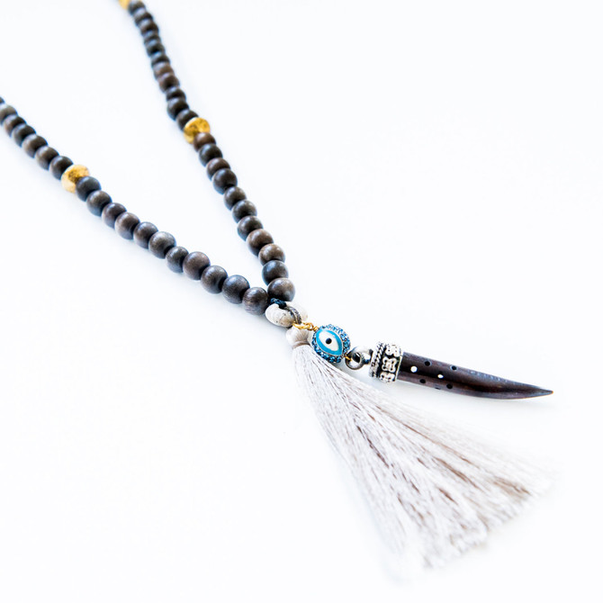 7Stitches Dark Gray wood Mala with Bone Colored Tassel