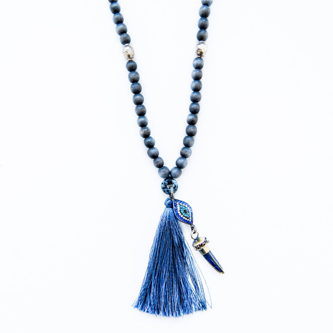 7Stitches Dark Steel Blue Mala with silver accents