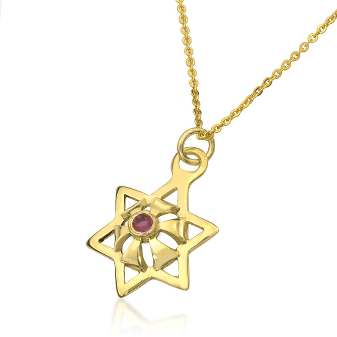 Kabbalah Star Abundance gold Pendant With An Inserted Ruby Gem