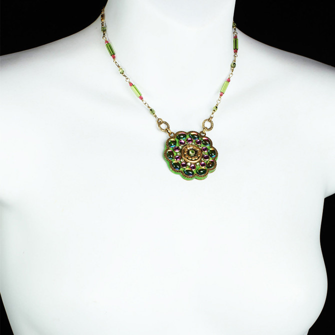 Michal Golan Green and Pink Flower Necklace