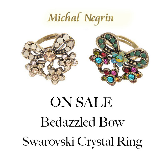 Michal Negrin Bedazzled Bow Swarovski Crystal Adjustable Ring