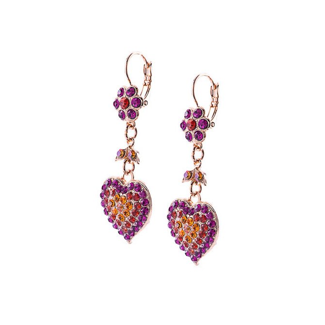 Mariana Flower and Heart Dangle Leverback Earrings in Hibiscus