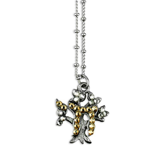 Anne Koplik Tree Of Life Chai Silver Swarovski Golden Necklace