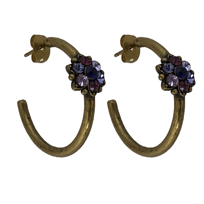 Michal Negrin Hoop Mix Purple Flower Crystal Earrings