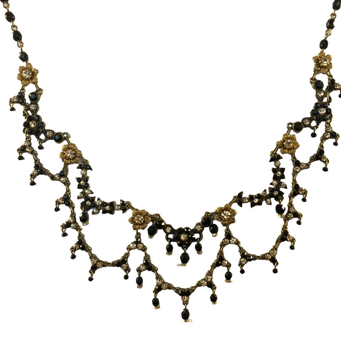 Michal Negrin Unforgettable Two Raws Black and Gold Swarovski Crystal Necklace