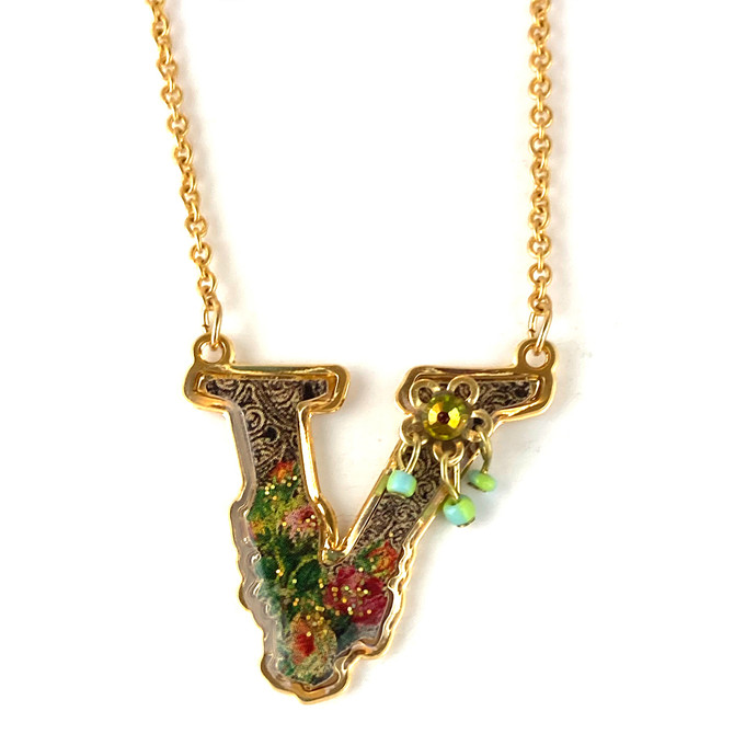 Michal Negrin Victorian Initial V 24K Gold Plated Swarovski Crystals Necklace