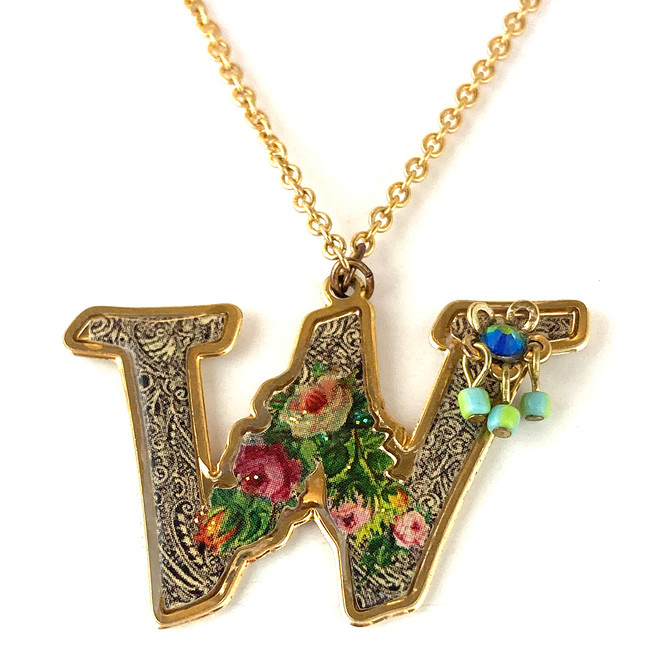 Michal Negrin Victorian Initial W 24K Gold Plated Swarovski Crystals Necklace