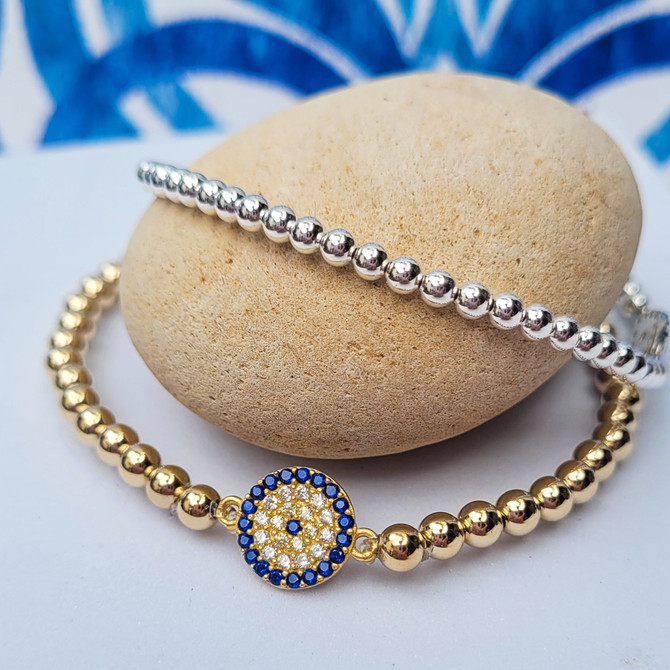 Evil Eye Sparkling Bead Bracelet in Sterling Silver