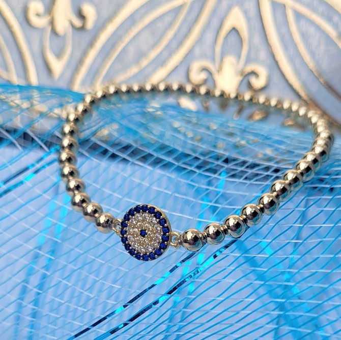 Evil Eye Sparkling Bead Bracelet in Sterling Silver