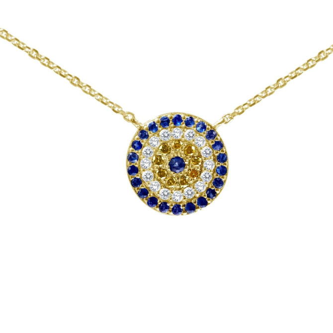 Evil Eye Necklace With Sapphires and Diamonds in 14k Gold