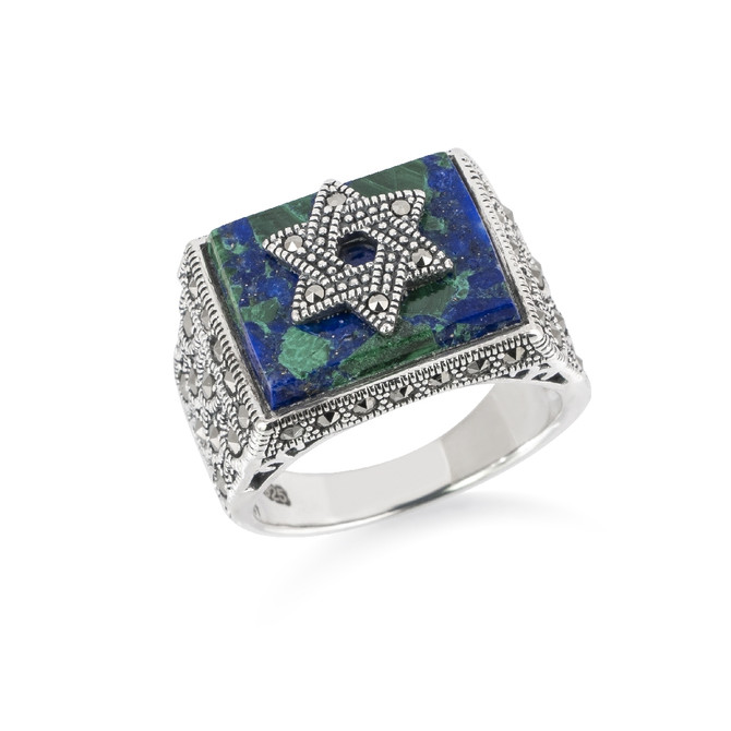 Mens Silver Ring with Star of David Eilat Stone and Marcasites