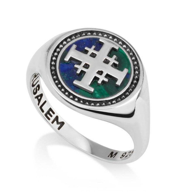 Silver Ring with Eilat Azurite Jerusalem Cross