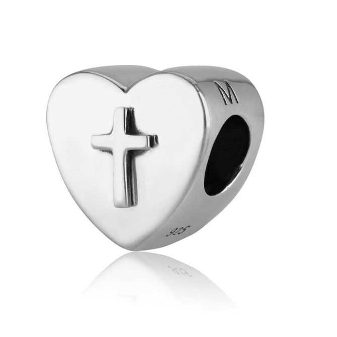 925 Silver Heart Shaped Bead Charm in a form of Roman Cross