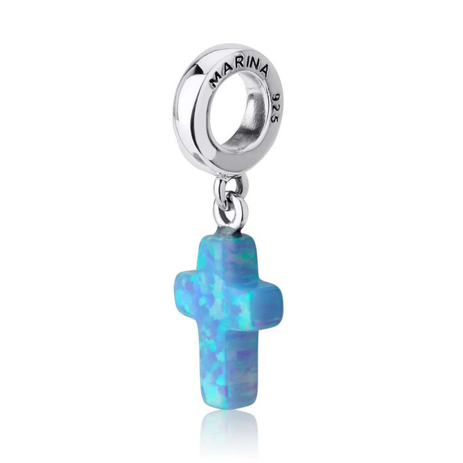 Cross Hang Bead Charm With Blue Opal Stone