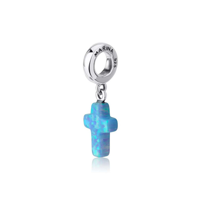 Cross Hang Bead Charm With Blue Opal Stone