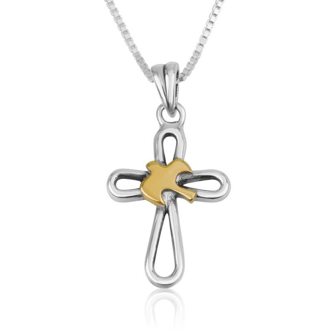 Open Cross Gold Plated Dove Pendant Made of Silver